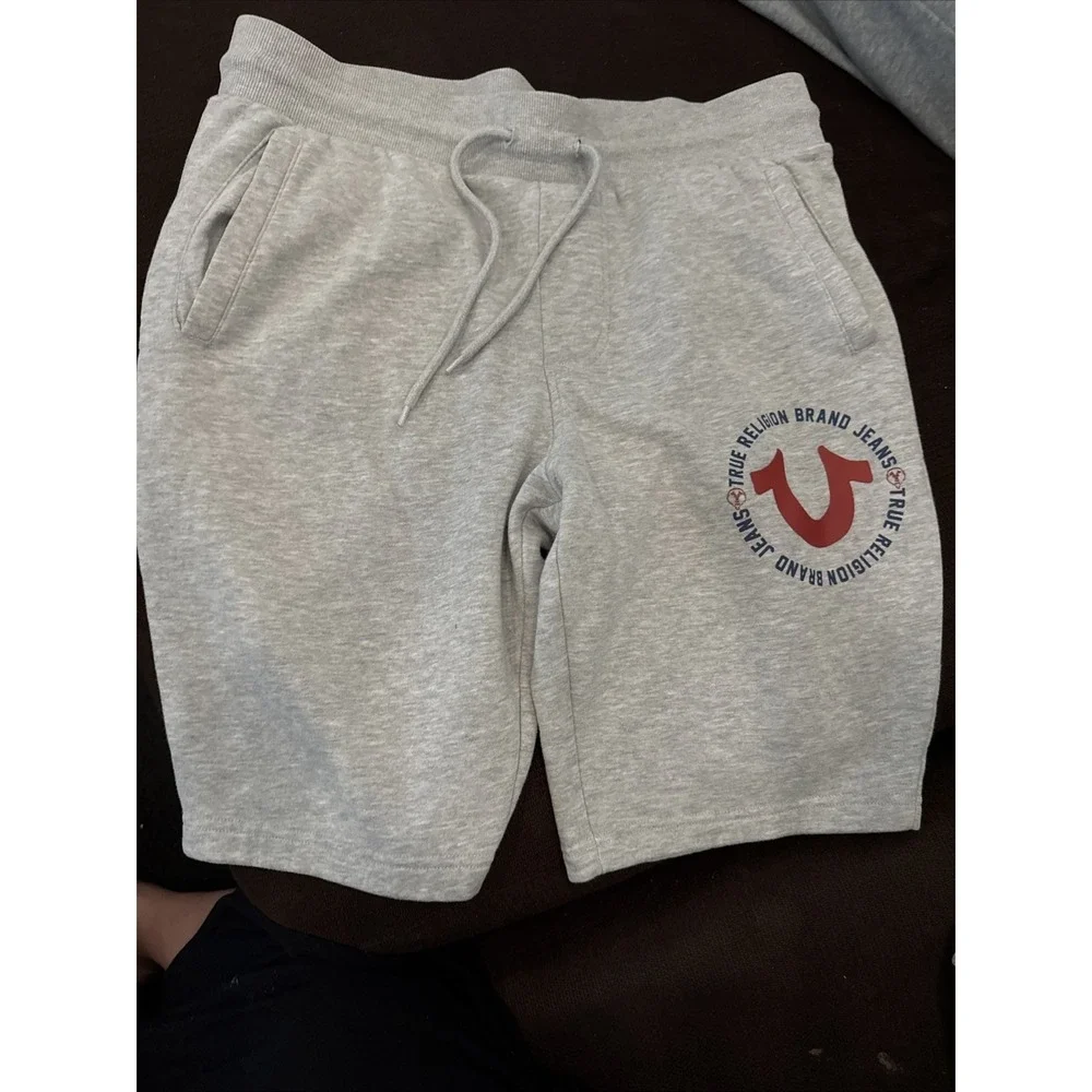 True Religion Shorts Mens M Gray Fleece Sweat Logo Drawstring Athletic Gym - Picture 4 of 8
